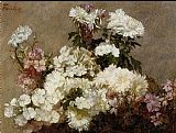 Henri Fantin-latour Canvas Paintings - White Phlox Summer Chrysanthemum and Larkspur